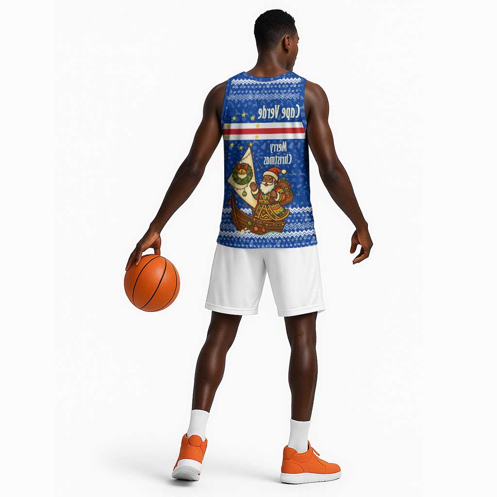 Cape Verde Christmas Basketball Jersey Blue Festive Pattern Sailing Santa and National Emblem Motif - African Pride