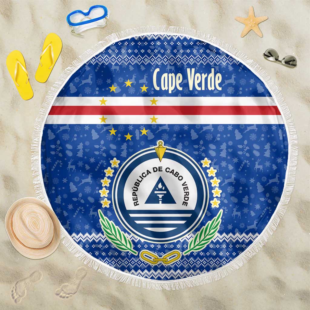 Cape Verde Christmas Beach Blanket Blue Festive Pattern Sailing Santa and National Emblem Motif - African Pride