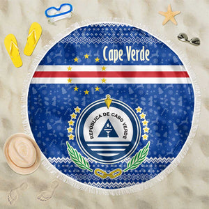 Cape Verde Christmas Beach Blanket Blue Festive Pattern Sailing Santa and National Emblem Motif - African Pride