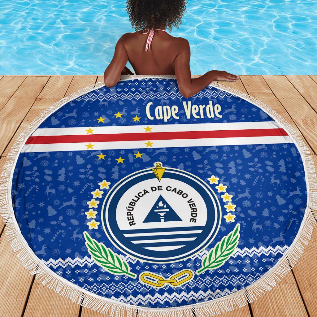 Cape Verde Christmas Beach Blanket Blue Festive Pattern Sailing Santa and National Emblem Motif - African Pride