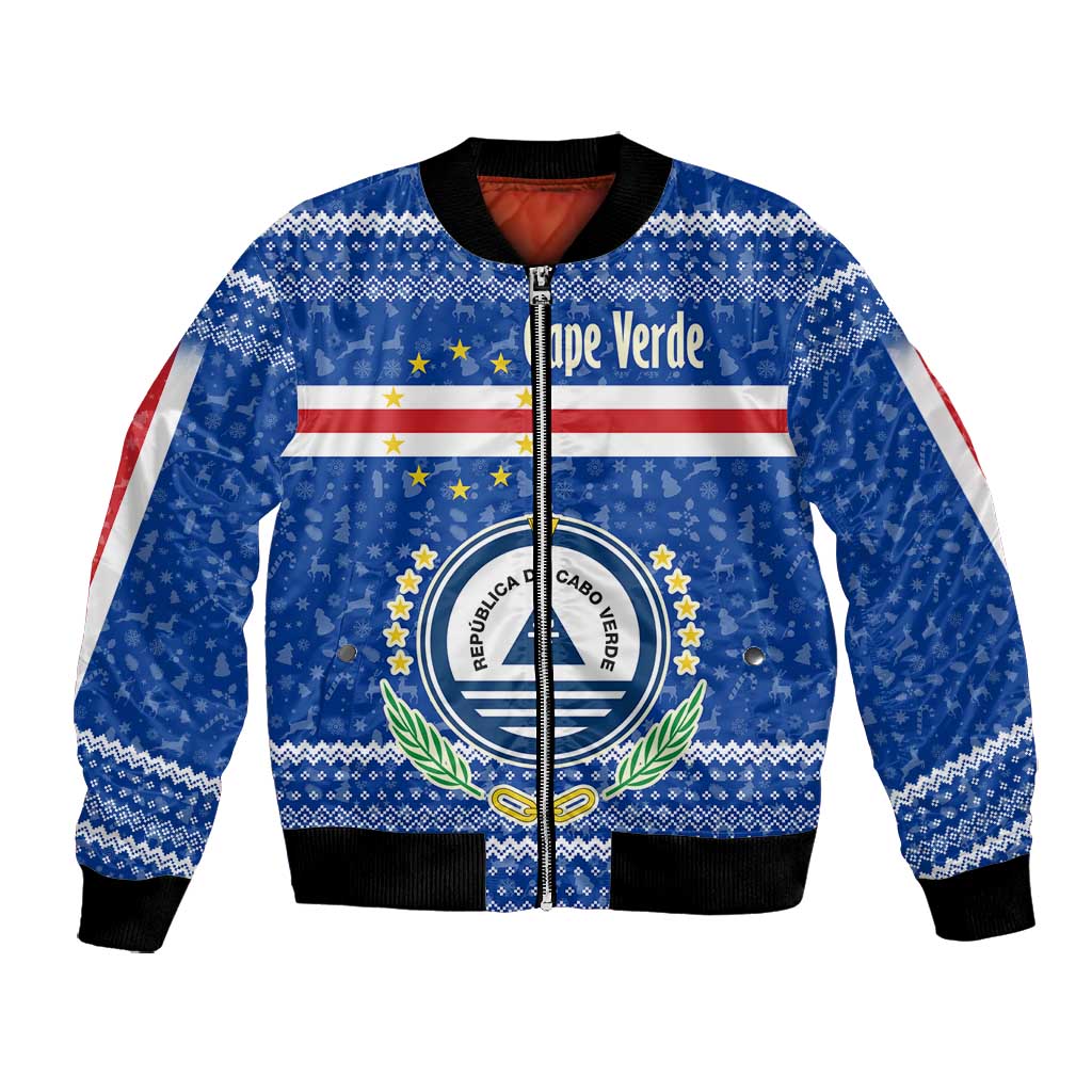 Cape Verde Christmas Bomber Jacket Blue Festive Pattern Sailing Santa and National Emblem Motif - African Pride