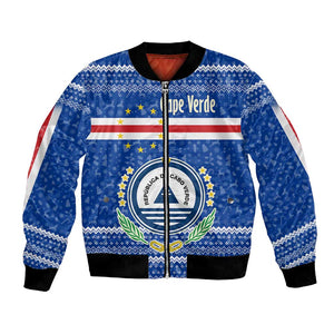 Cape Verde Christmas Bomber Jacket Blue Festive Pattern Sailing Santa and National Emblem Motif - African Pride