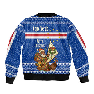 Cape Verde Christmas Bomber Jacket Blue Festive Pattern Sailing Santa and National Emblem Motif - African Pride