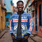Cape Verde Christmas Bomber Jacket Blue Festive Pattern Sailing Santa and National Emblem Motif - African Pride