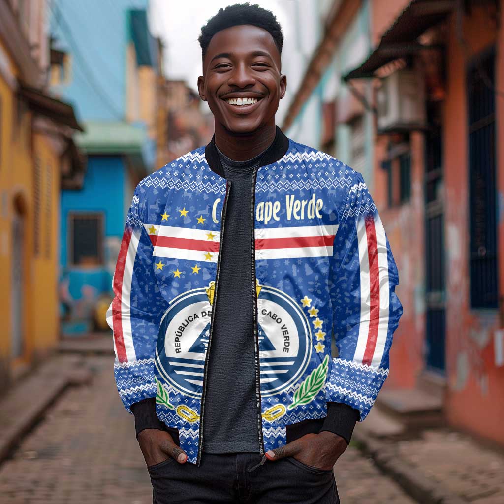 Cape Verde Christmas Bomber Jacket Blue Festive Pattern Sailing Santa and National Emblem Motif - African Pride