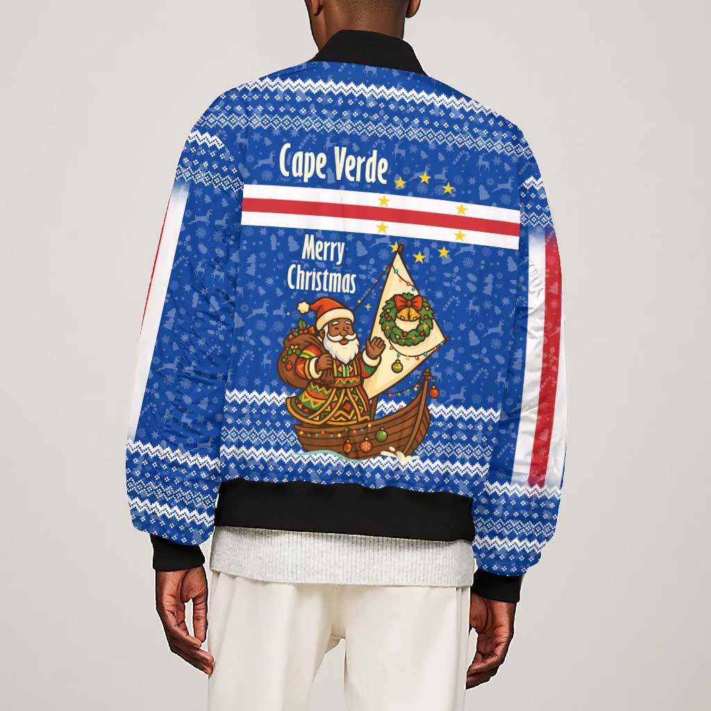 Cape Verde Christmas Bomber Jacket Blue Festive Pattern Sailing Santa and National Emblem Motif - African Pride