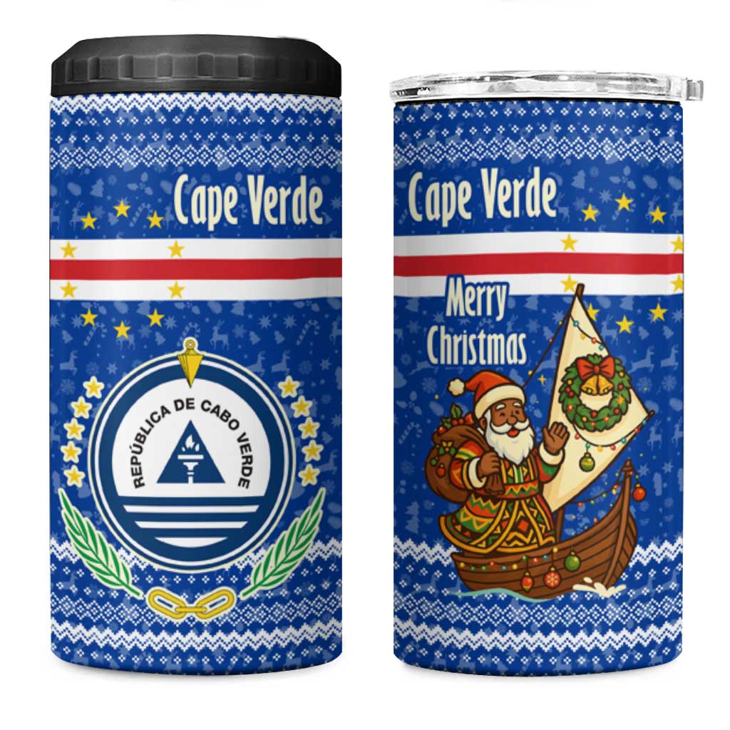 Cape Verde Christmas 4 in 1 Can Cooler Tumbler Blue Festive Pattern Sailing Santa and National Emblem Motif - African Pride