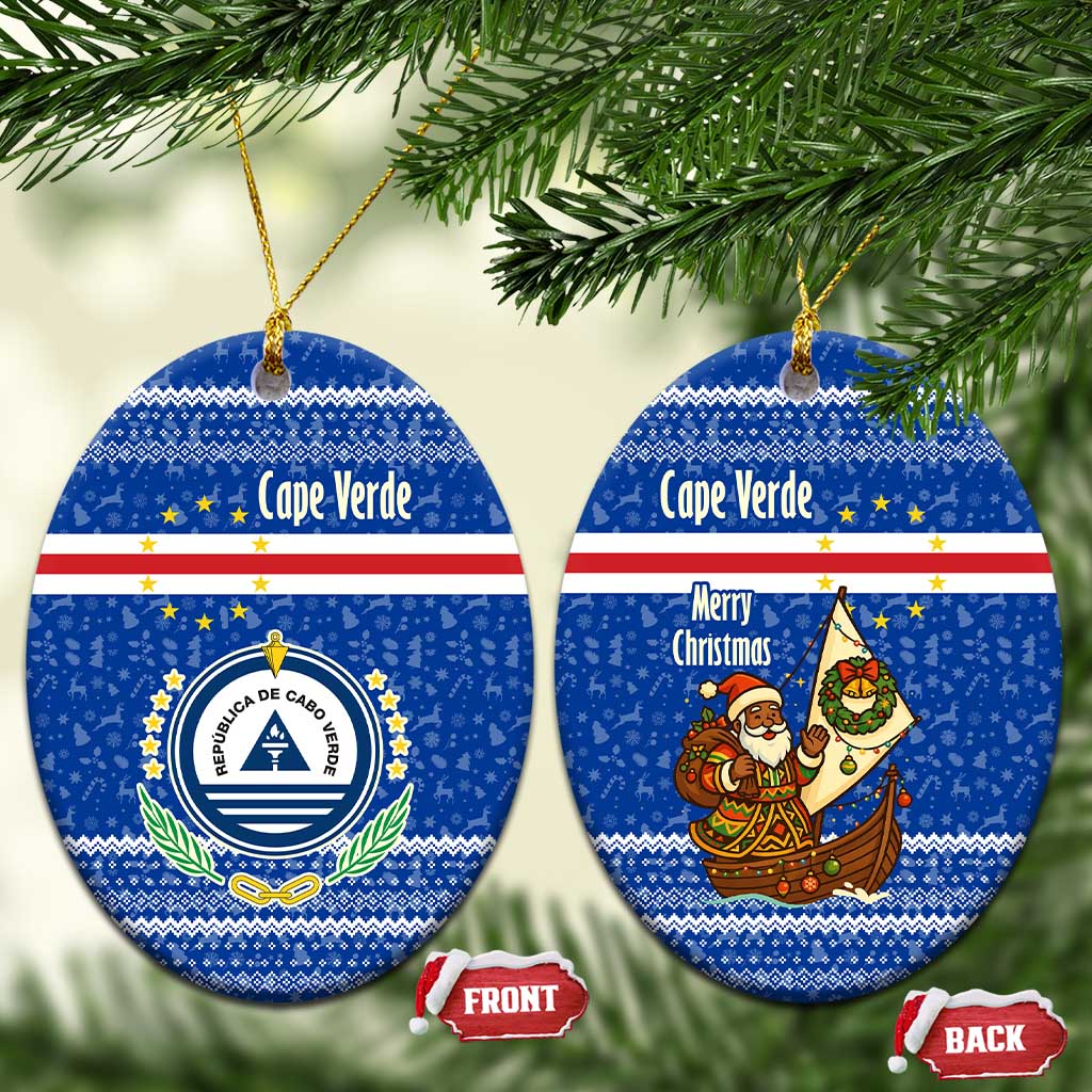 Cape Verde Christmas Ceramic Ornament Blue Festive Pattern Sailing Santa and National Emblem Motif - African Pride