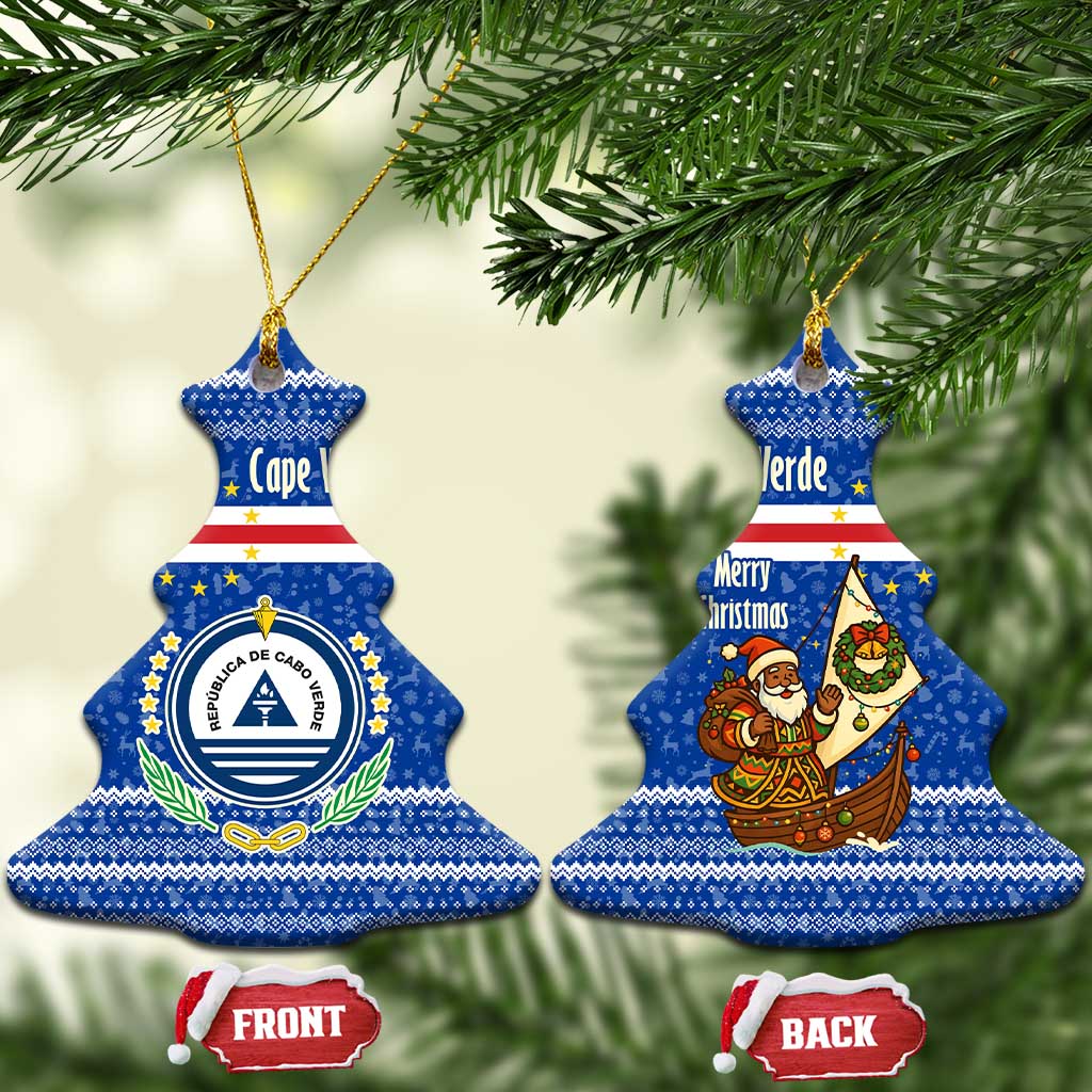 Cape Verde Christmas Ceramic Ornament Blue Festive Pattern Sailing Santa and National Emblem Motif - African Pride