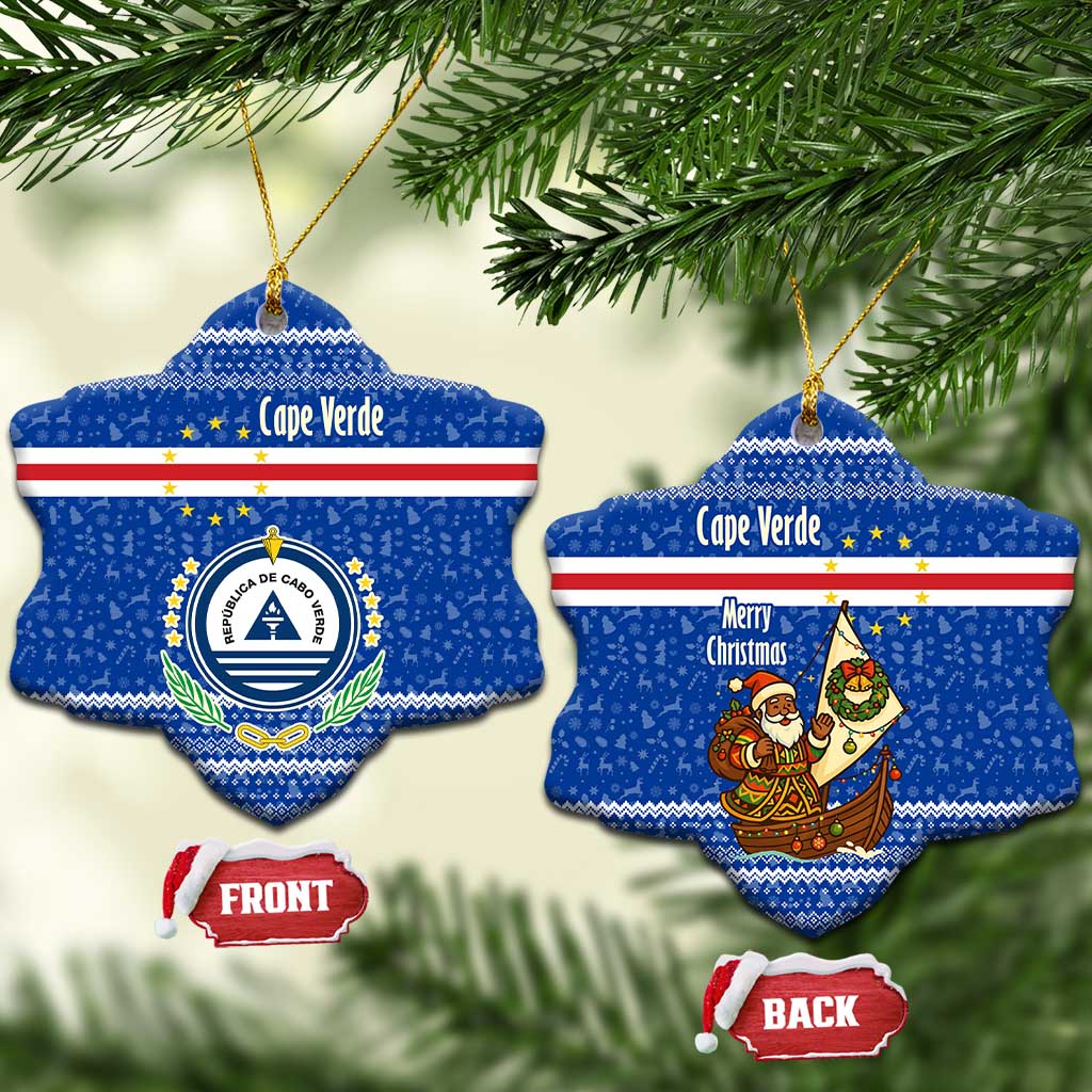 Cape Verde Christmas Ceramic Ornament Blue Festive Pattern Sailing Santa and National Emblem Motif - African Pride