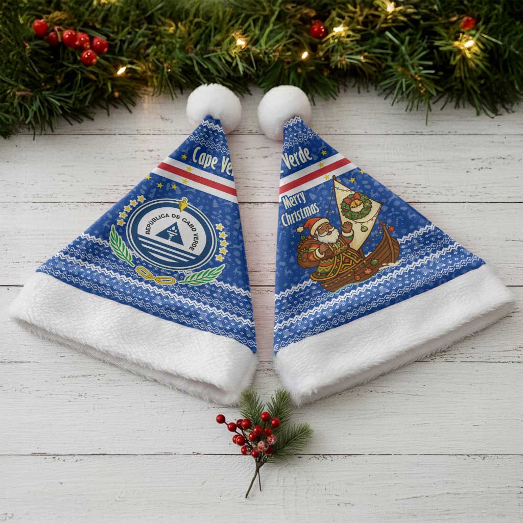 Cape Verde Christmas Santa Hat Blue Festive Pattern Sailing Santa and National Emblem Motif - African Pride
