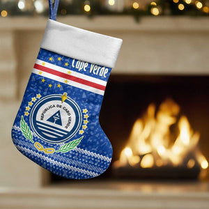 Cape Verde Christmas Stocking Blue Festive Pattern Sailing Santa and National Emblem Motif - African Pride