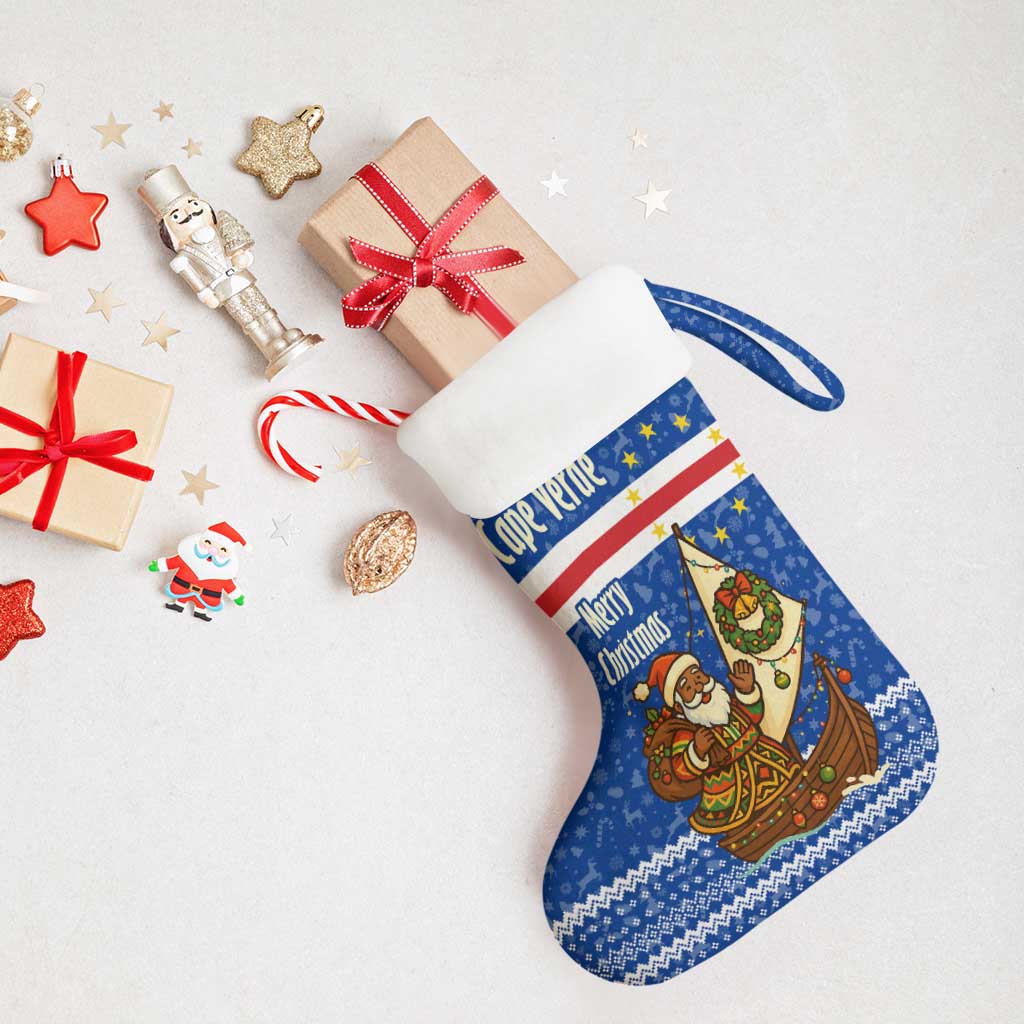 Cape Verde Christmas Stocking Blue Festive Pattern Sailing Santa and National Emblem Motif - African Pride