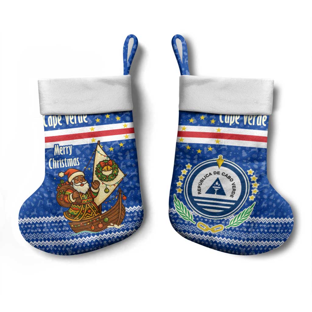 Cape Verde Christmas Stocking Blue Festive Pattern Sailing Santa and National Emblem Motif - African Pride