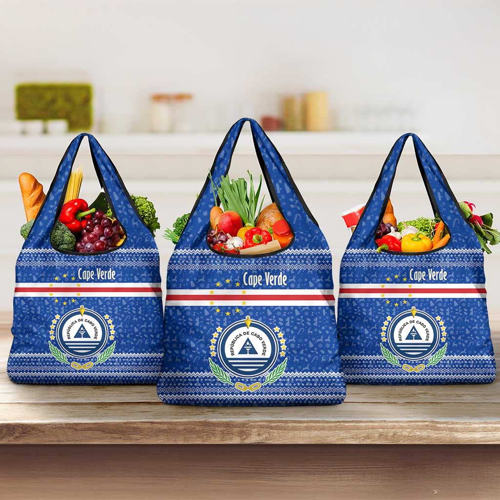 Cape Verde Christmas Grocery Bag Blue Festive Pattern Sailing Santa and National Emblem Motif - African Pride