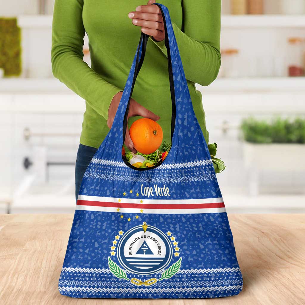Cape Verde Christmas Grocery Bag Blue Festive Pattern Sailing Santa and National Emblem Motif - African Pride