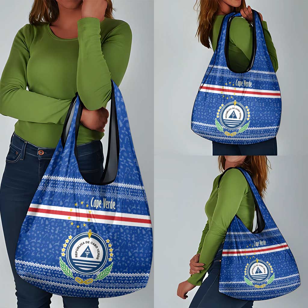 Cape Verde Christmas Grocery Bag Blue Festive Pattern Sailing Santa and National Emblem Motif - African Pride