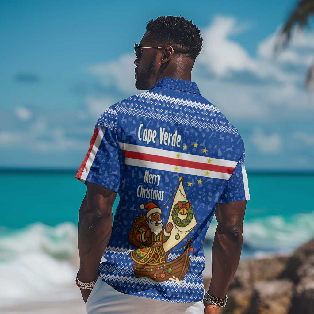Cape Verde Christmas Hawaiian Shirt Blue Festive Pattern Sailing Santa and National Emblem Motif - African Pride