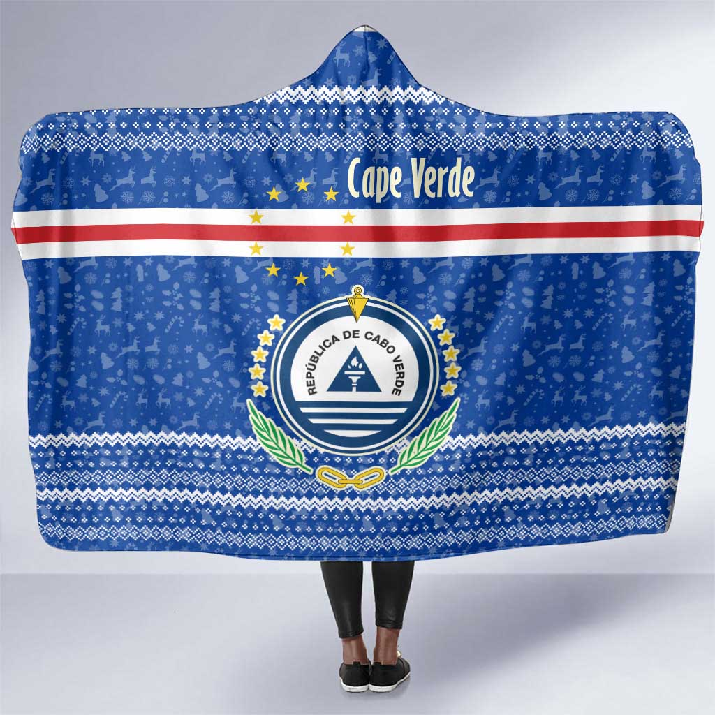 Cape Verde Christmas Hooded Blanket Blue Festive Pattern Sailing Santa and National Emblem Motif - African Pride