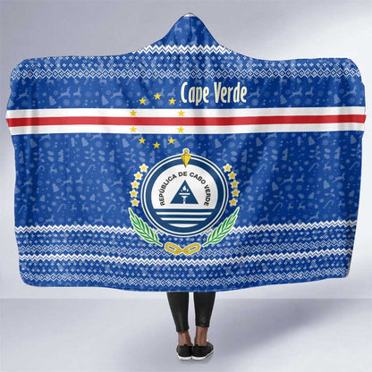 Cape Verde Christmas Hooded Blanket Blue Festive Pattern Sailing Santa and National Emblem Motif - African Pride
