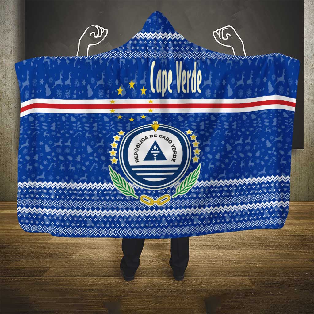Cape Verde Christmas Hooded Blanket Blue Festive Pattern Sailing Santa and National Emblem Motif - African Pride