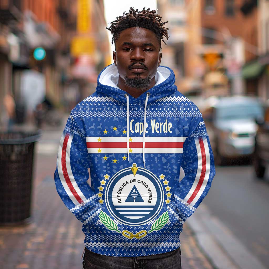 Cape Verde Christmas Hoodie Blue Festive Pattern Sailing Santa and National Emblem Motif - African Pride
