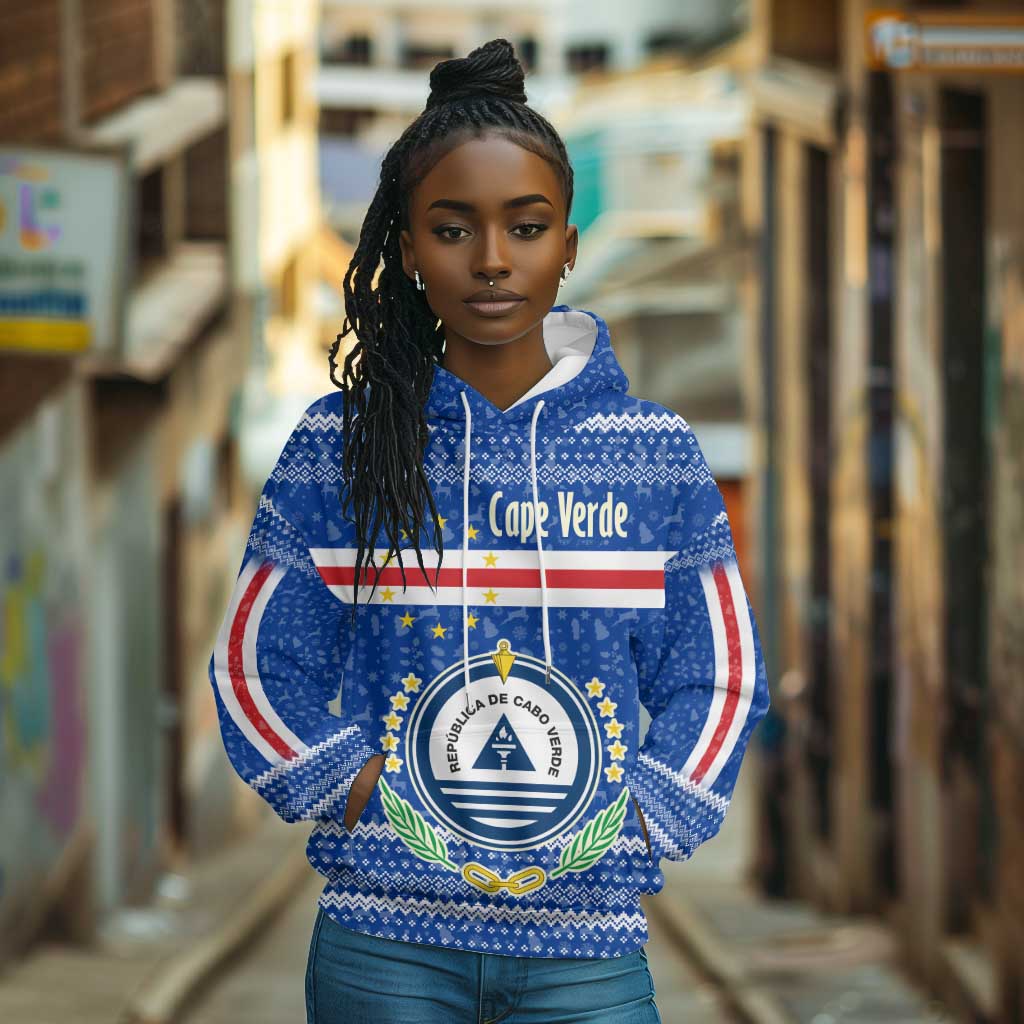 Cape Verde Christmas Hoodie Blue Festive Pattern Sailing Santa and National Emblem Motif - African Pride