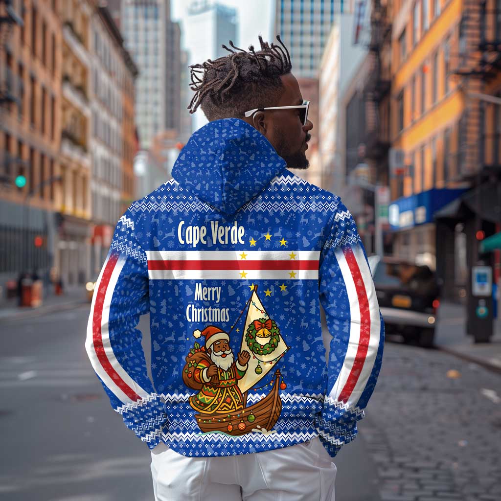 Cape Verde Christmas Hoodie Blue Festive Pattern Sailing Santa and National Emblem Motif - African Pride