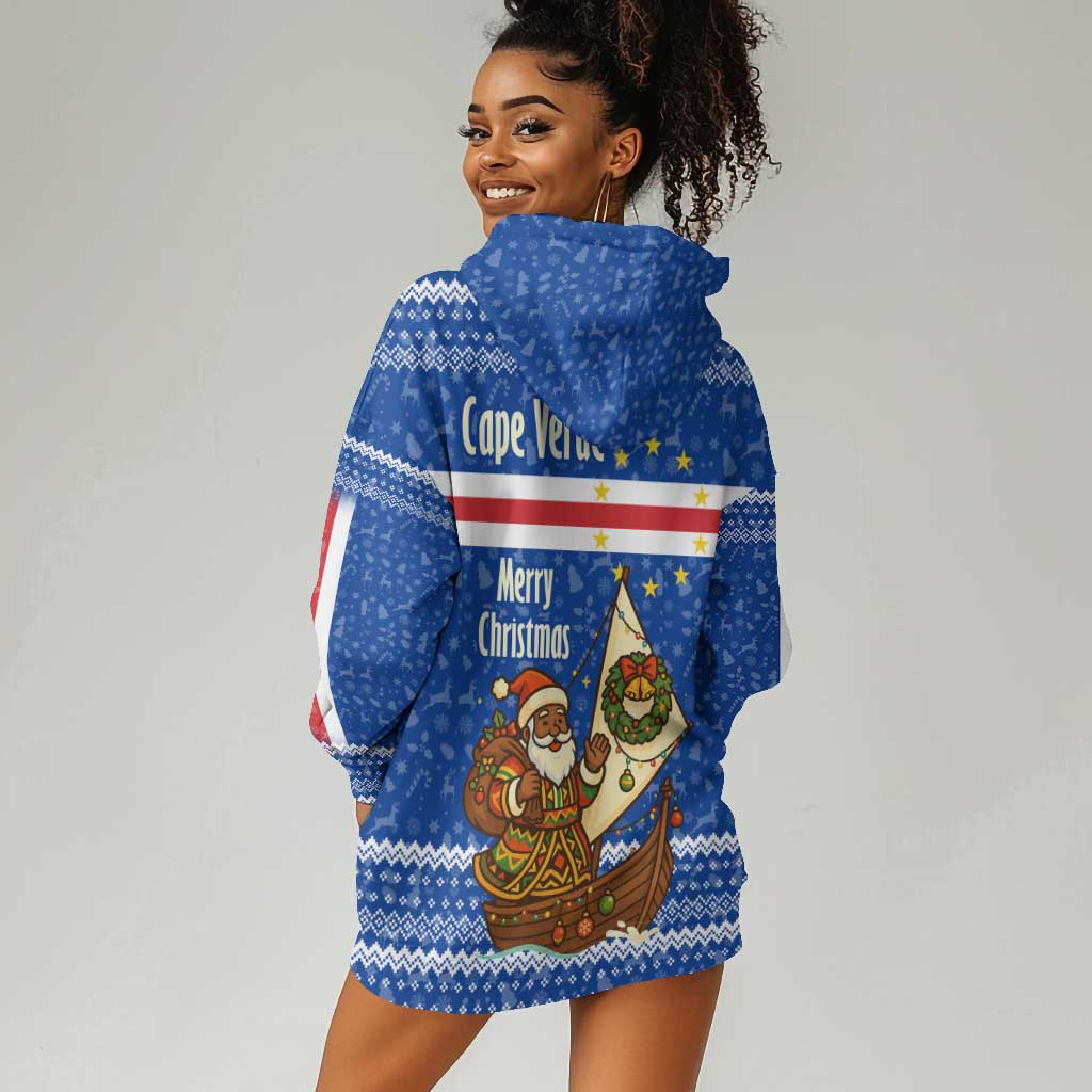 Cape Verde Christmas Hoodie Dress Blue Festive Pattern Sailing Santa and National Emblem Motif - African Pride