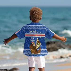 Cape Verde Christmas Kid Hawaiian Shirt Blue Festive Pattern Sailing Santa and National Emblem Motif - African Pride