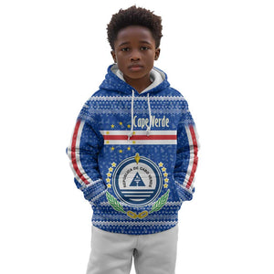Cape Verde Christmas Kid Hoodie Blue Festive Pattern Sailing Santa and National Emblem Motif - African Pride
