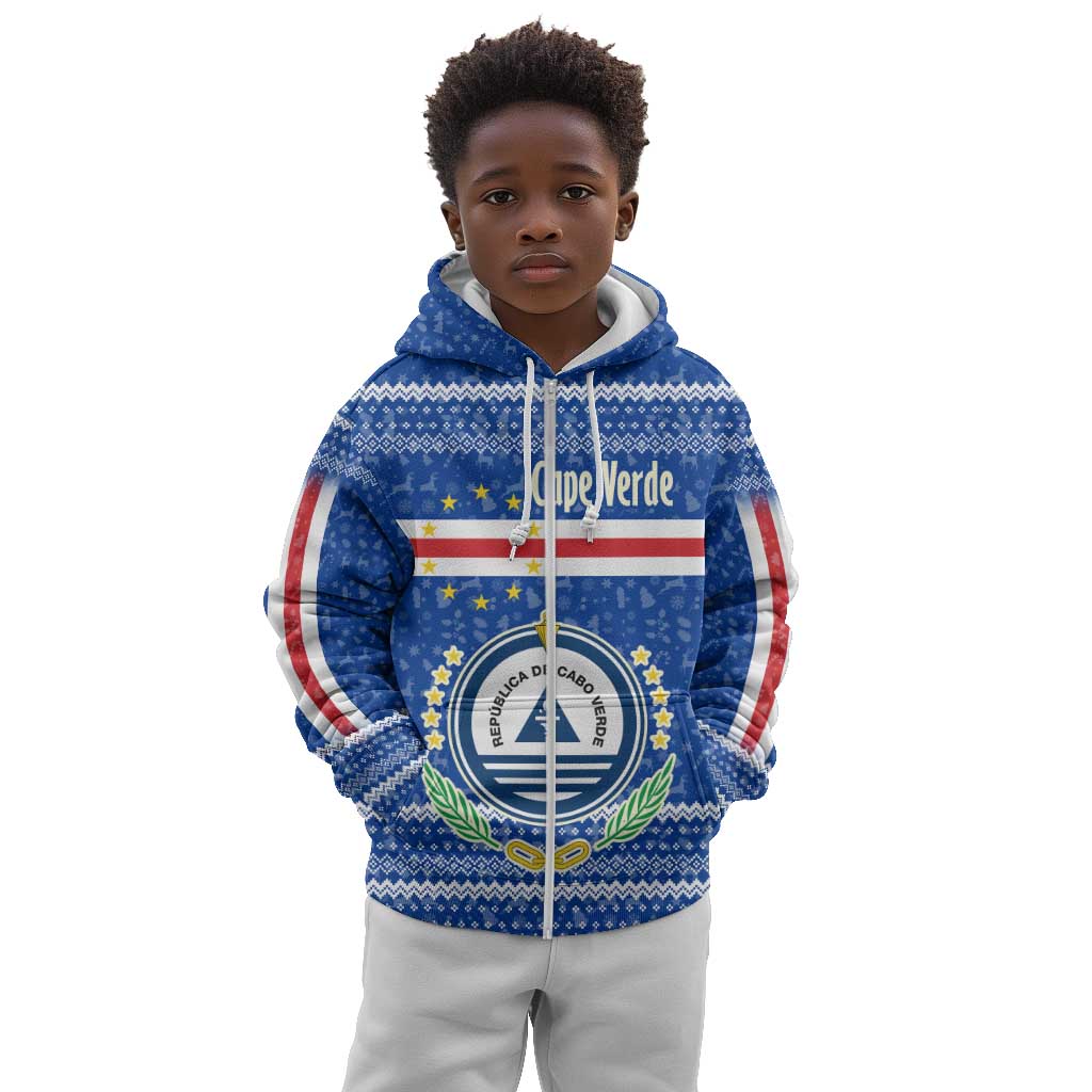 Cape Verde Christmas Kid Hoodie Blue Festive Pattern Sailing Santa and National Emblem Motif - African Pride