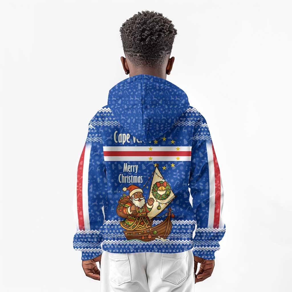Cape Verde Christmas Kid Hoodie Blue Festive Pattern Sailing Santa and National Emblem Motif - African Pride