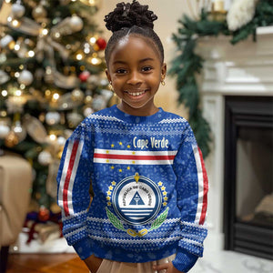 Cape Verde Christmas Kid Ugly Christmas Sweater Blue Festive Pattern Sailing Santa and National Emblem Motif - African Pride