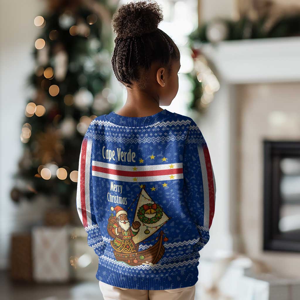 Cape Verde Christmas Kid Ugly Christmas Sweater Blue Festive Pattern Sailing Santa and National Emblem Motif - African Pride