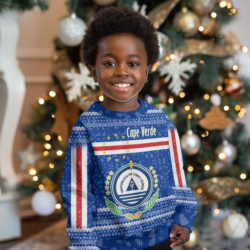 Cape Verde Christmas Kid Ugly Christmas Sweater Blue Festive Pattern Sailing Santa and National Emblem Motif - African Pride