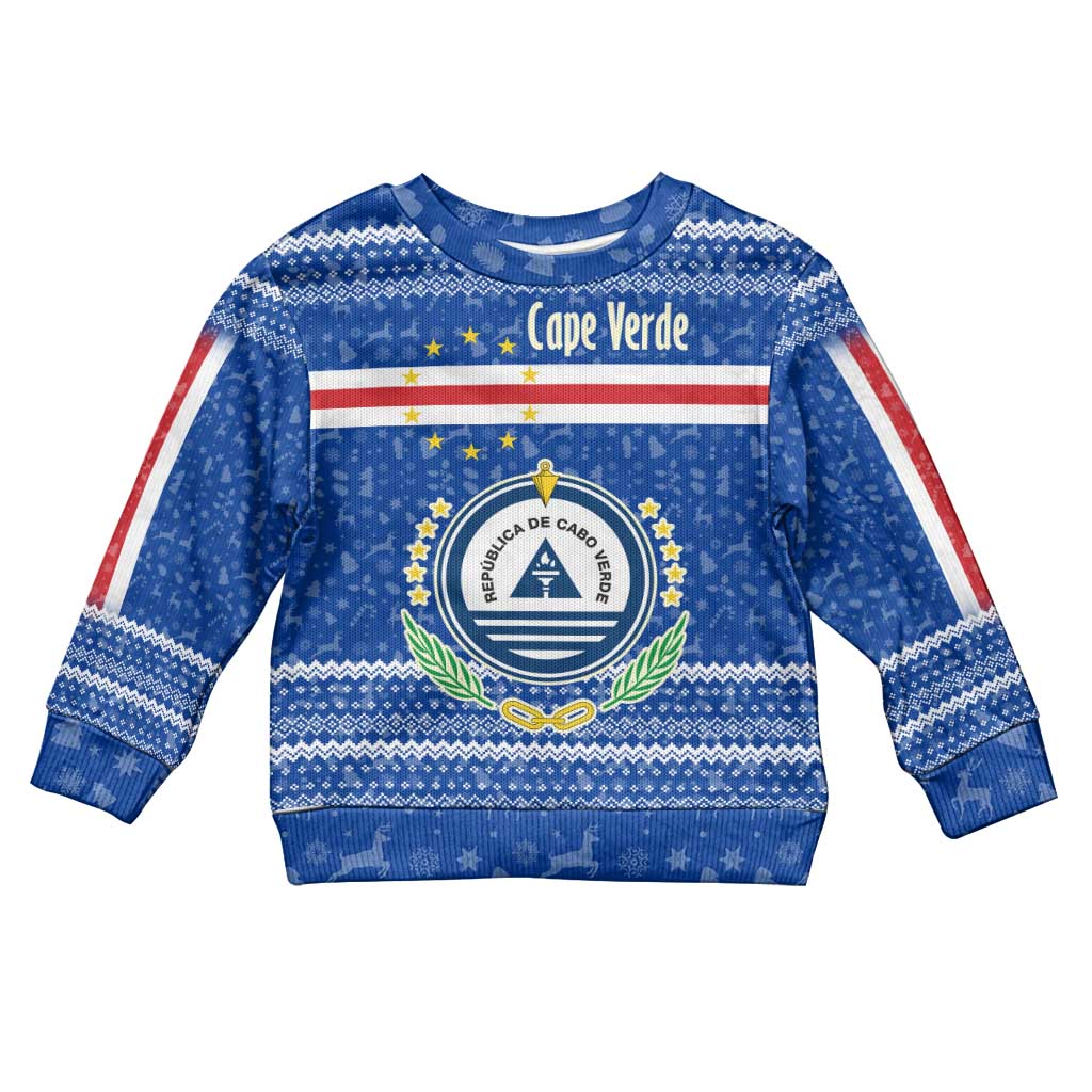 Cape Verde Christmas Kid Ugly Christmas Sweater Blue Festive Pattern Sailing Santa and National Emblem Motif - African Pride