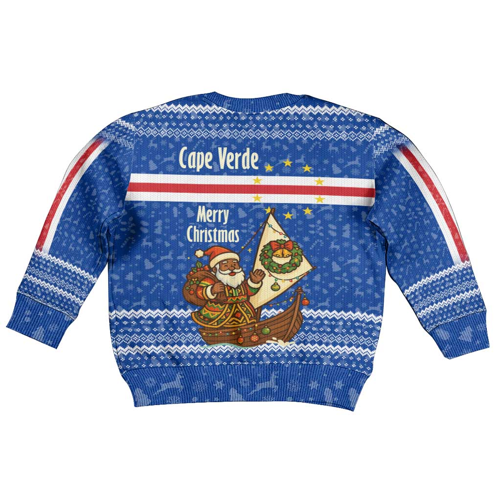 Cape Verde Christmas Kid Ugly Christmas Sweater Blue Festive Pattern Sailing Santa and National Emblem Motif - African Pride
