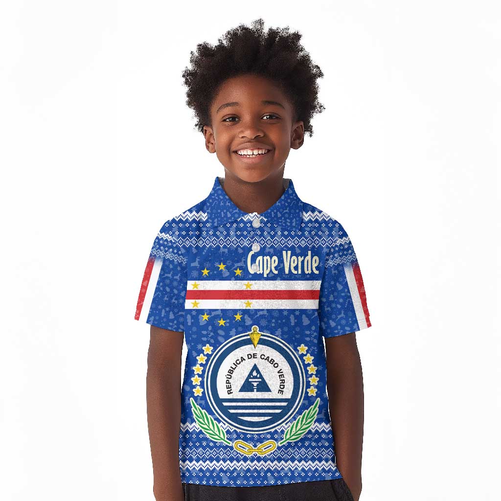 Cape Verde Christmas Kid Polo Shirt Blue Festive Pattern Sailing Santa and National Emblem Motif - African Pride