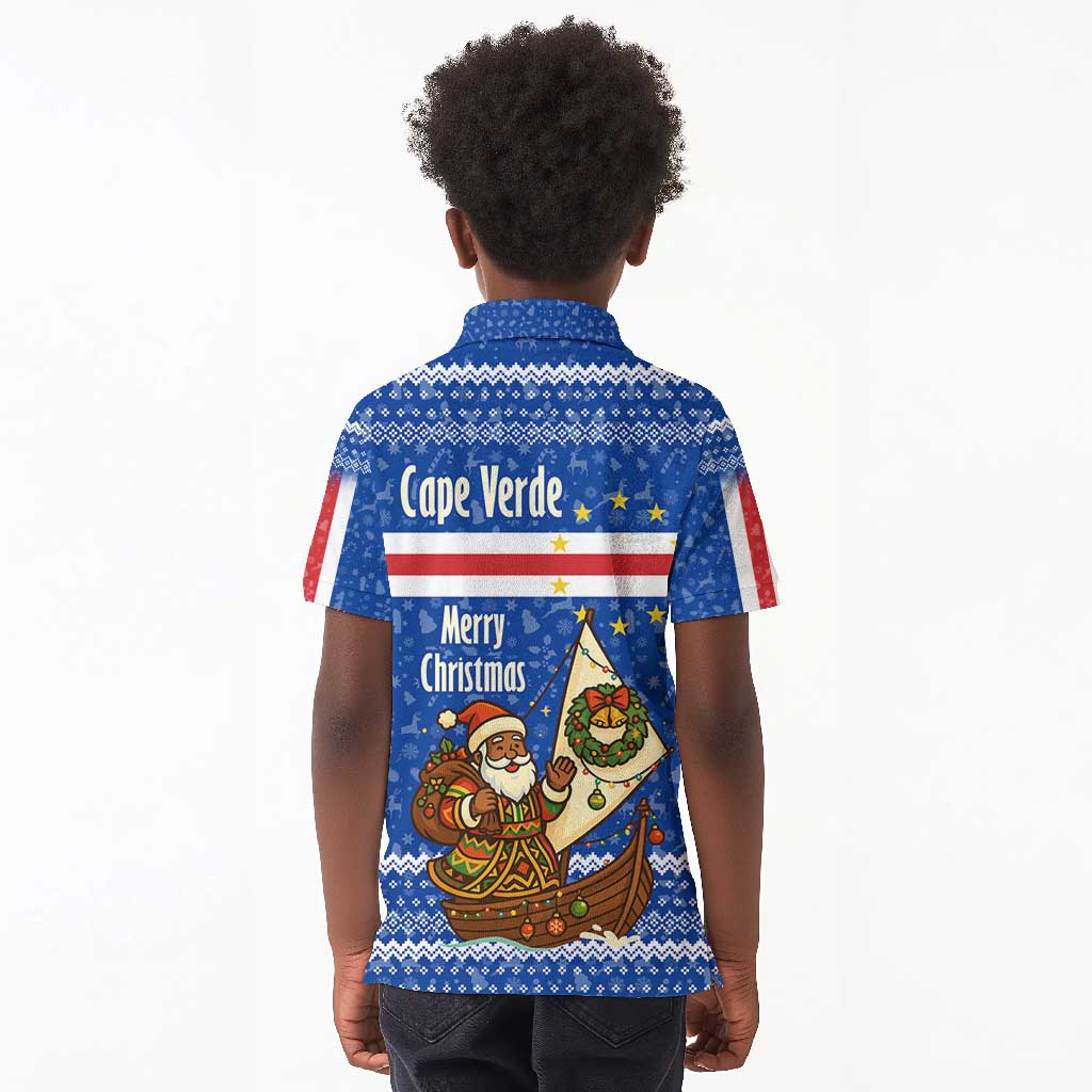 Cape Verde Christmas Kid Polo Shirt Blue Festive Pattern Sailing Santa and National Emblem Motif - African Pride