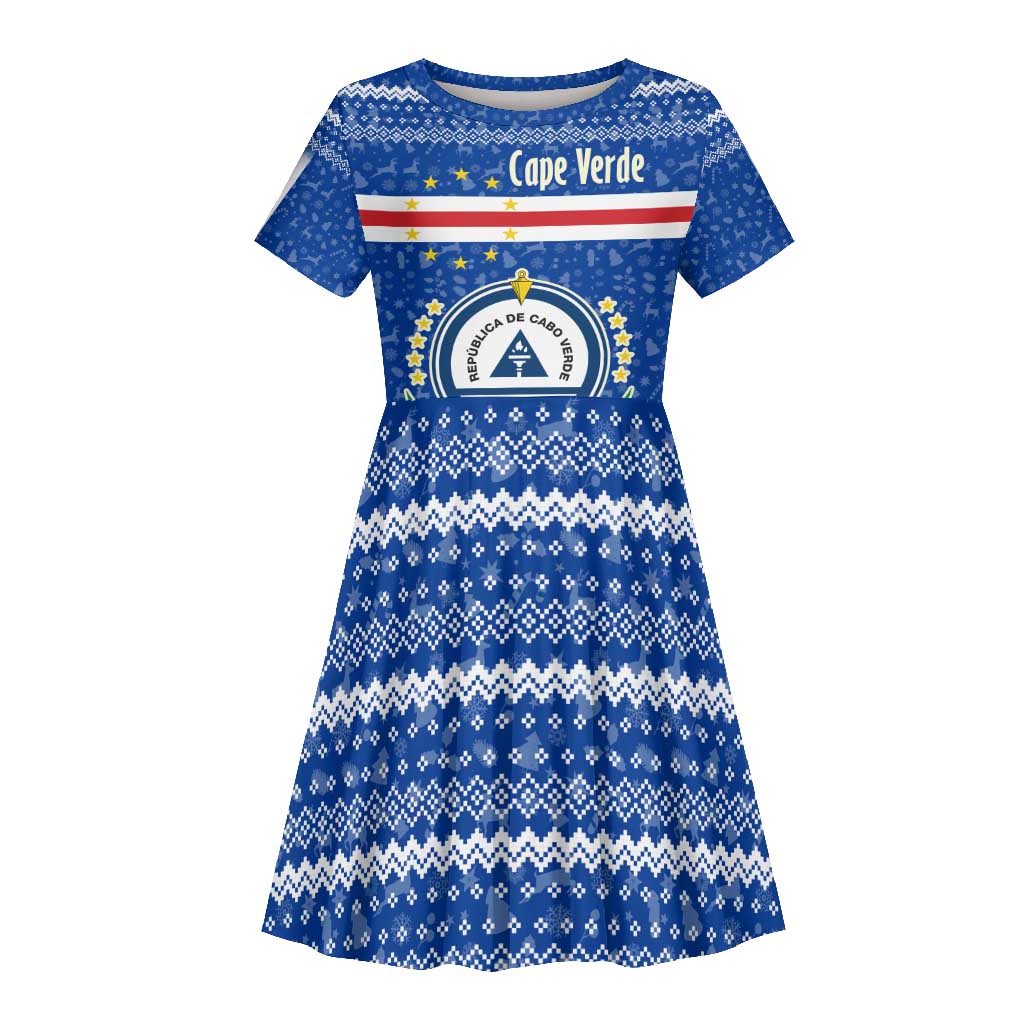 Cape Verde Christmas Kid Short Sleeve Dress Blue Festive Pattern Sailing Santa and National Emblem Motif - African Pride