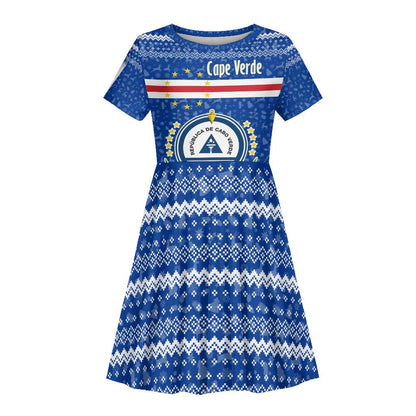 Cape Verde Christmas Kid Short Sleeve Dress Blue Festive Pattern Sailing Santa and National Emblem Motif - African Pride