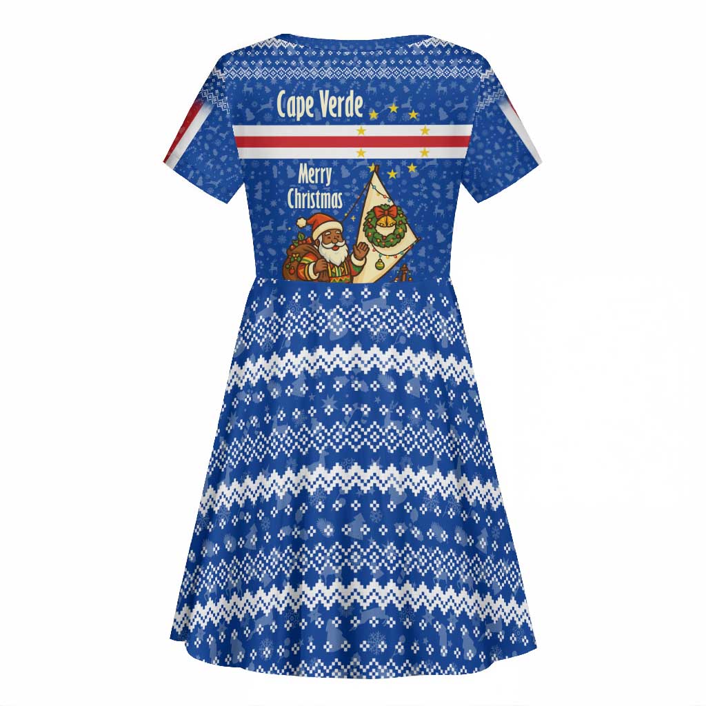 Cape Verde Christmas Kid Short Sleeve Dress Blue Festive Pattern Sailing Santa and National Emblem Motif - African Pride