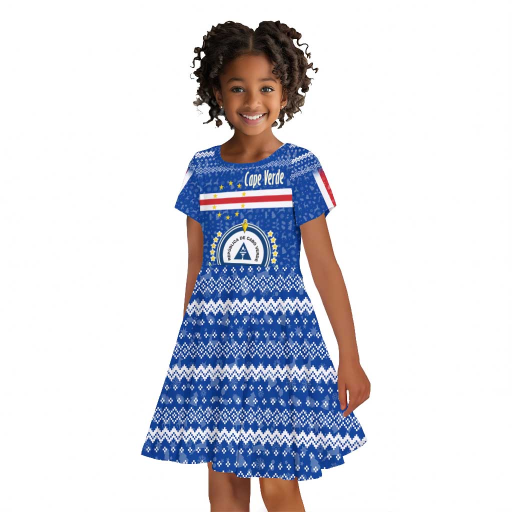 Cape Verde Christmas Kid Short Sleeve Dress Blue Festive Pattern Sailing Santa and National Emblem Motif - African Pride
