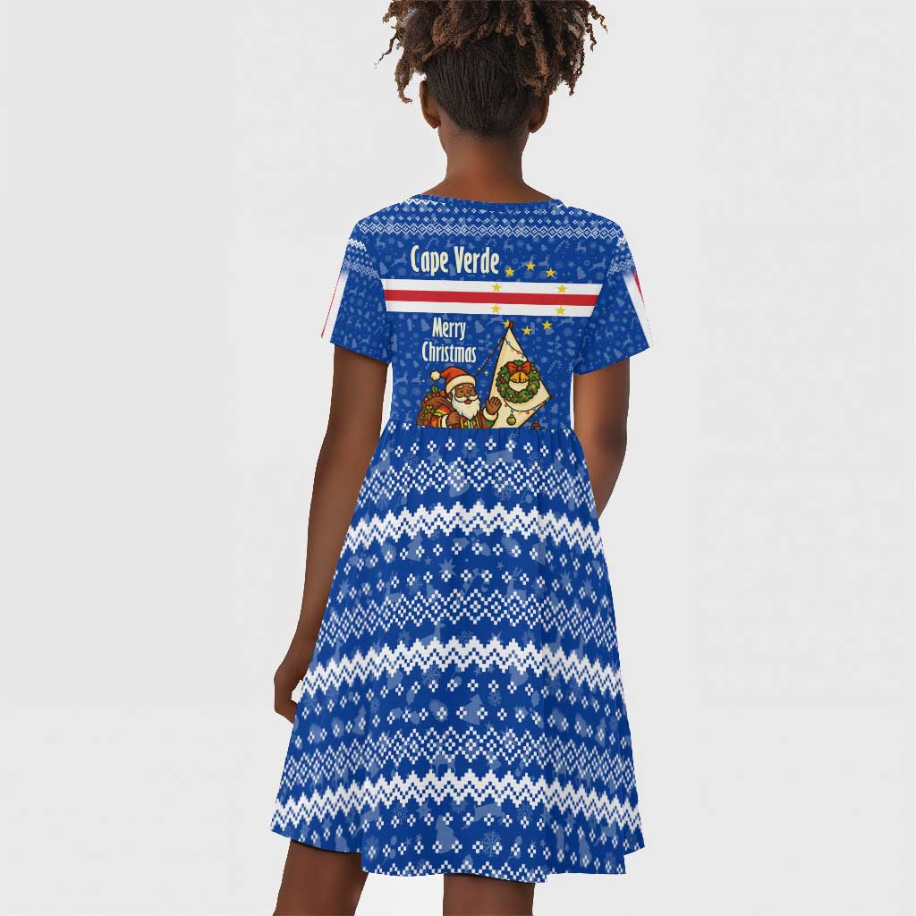 Cape Verde Christmas Kid Short Sleeve Dress Blue Festive Pattern Sailing Santa and National Emblem Motif - African Pride