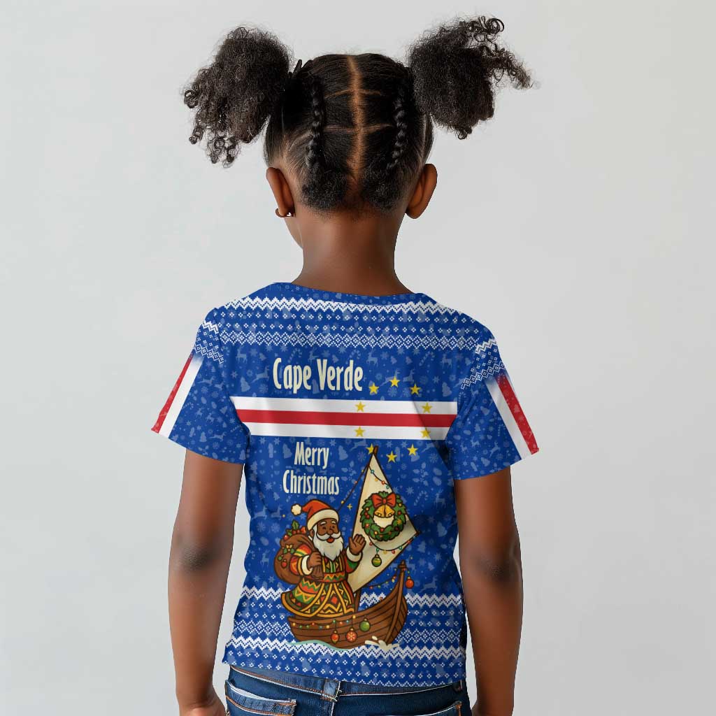 Cape Verde Christmas Kid T shirt Blue Festive Pattern Sailing Santa and National Emblem Motif - African Pride