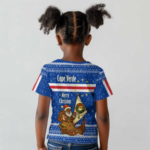 Cape Verde Christmas Kid T shirt Blue Festive Pattern Sailing Santa and National Emblem Motif - African Pride