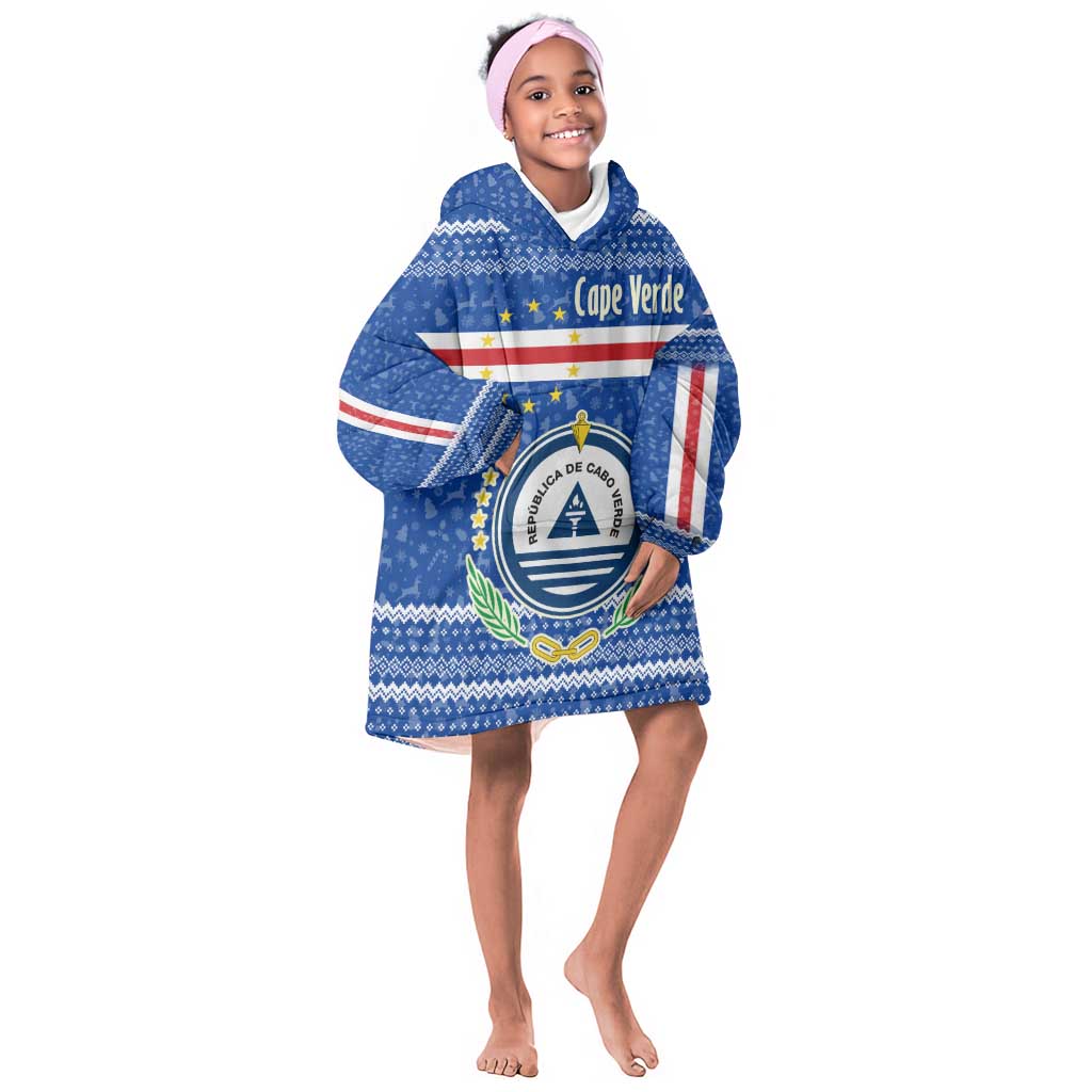 Cape Verde Christmas Kid Wearable Blanket Hoodie Blue Festive Pattern Sailing Santa and National Emblem Motif - African Pride