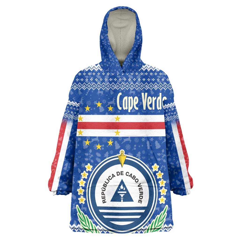 Cape Verde Christmas Kid Wearable Blanket Hoodie Blue Festive Pattern Sailing Santa and National Emblem Motif - African Pride
