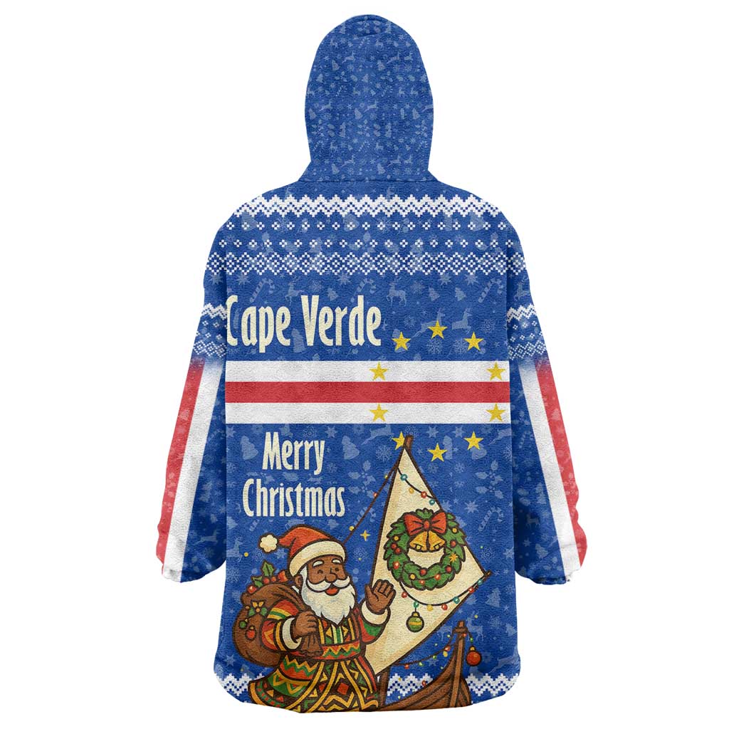 Cape Verde Christmas Kid Wearable Blanket Hoodie Blue Festive Pattern Sailing Santa and National Emblem Motif - African Pride